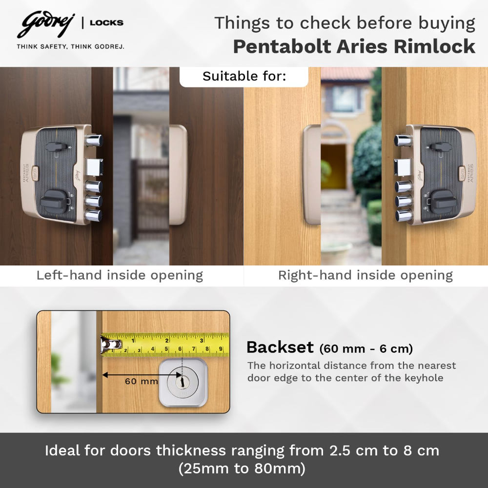 Godrej Rim Lock I Pentabolt Aries 3KS I 5 Bolts I 1CK Deadbolt I For Home Main Door I for Inside Opening Door l LeftorRight Handed Doors I 4Keys I 15-Year Warranty I Manual Locking I Vegas Gold Finish